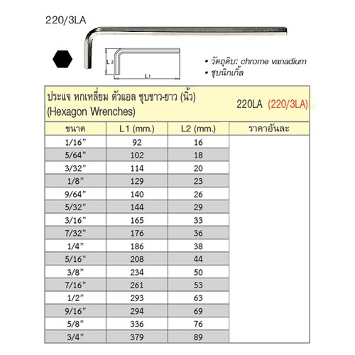 SKI - สกี จำหน่ายสินค้าหลากหลาย และคุณภาพดี | UNIOR 220/3LA ประแจหกเหลี่ยมชุบขาวยาว 3/32นิ้ว (220/LA)